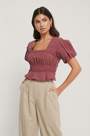 Burgundy Kortærmet Rynket Bluse