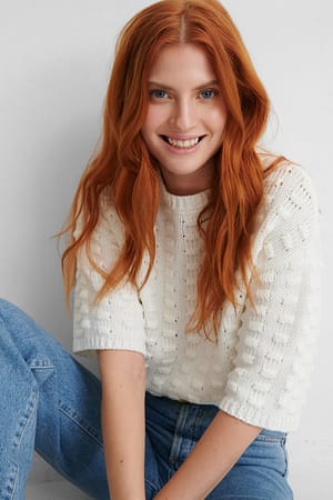 White Recycelter Pullover mit Strickdetail