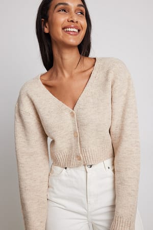 Beige Melange Kort strikket cardigan med knapper og v-hals