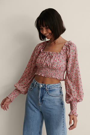 Flower Print Smock Waist Crop Top