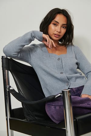 Dusty Blue Square Neck Knitted Cardigan