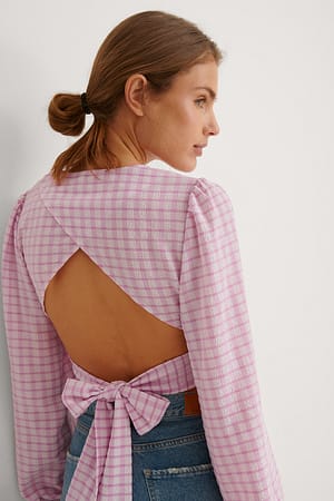 Pink Check Blus Med Knytning Bak