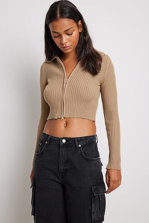 Beige Gebreide trui met tweezijdige rits
