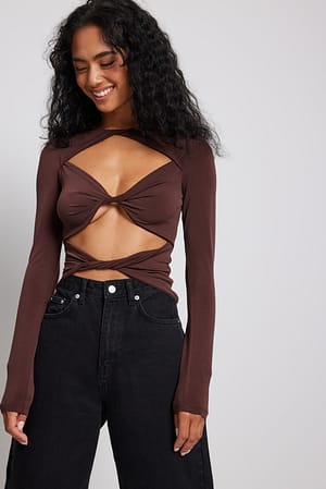 Brown Twist Detail Long Sleeve Top