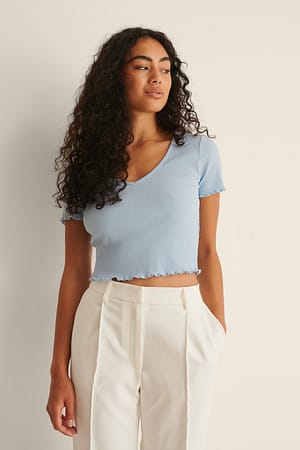 Dusty Light blue V-Neck Babylock Rib Top