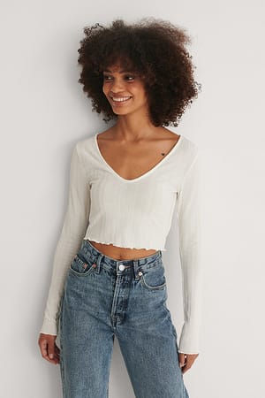 Offwhite Top Corto Acanalado Con Escote En V