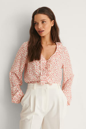Red Flower Recycelte lS Bluse mit Rüschen-V-Ausschnitt