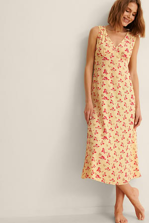 Yellow Print V-Neck Midi Dress