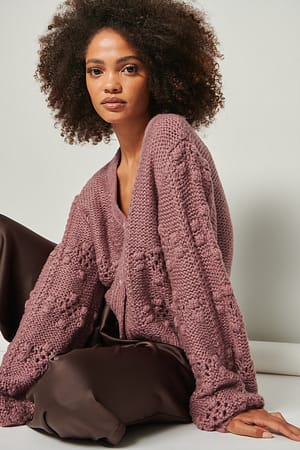 Mauve V-Neck Pom Pom Detailed Knitted Cardigan