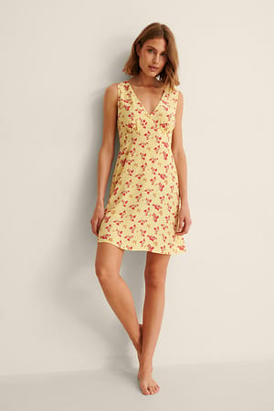 Yellow Print Robe mini à col en V