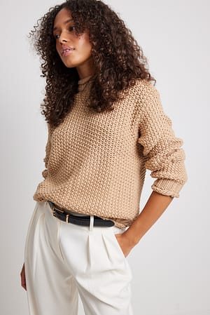 Beige Hochgeschlossener Strickpullover