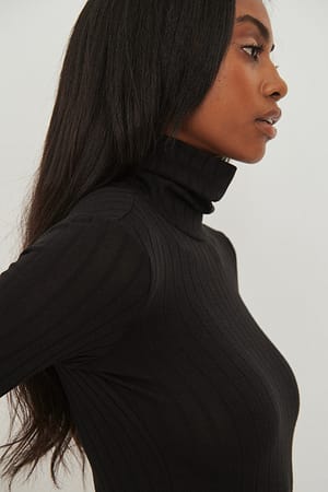 Black Wide Rib High Neck Long Sleeve Top
