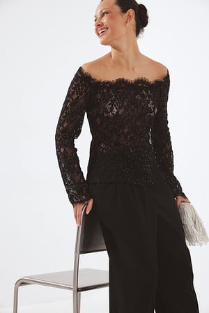 Black Schulterfreies Spitzen-Pailletten-Top