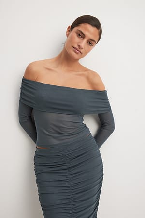 Dark Grey Schulterfreies Mesh-Oberteil