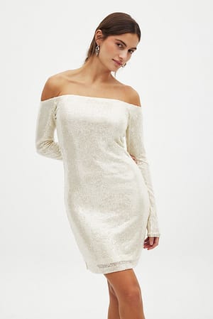 White Off Shoulder Sequin Mini Dress