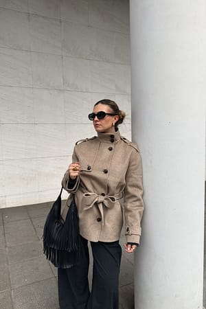Beige Manteau court en laine mélangée à col montant