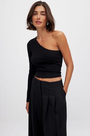 Black Haut côtelé asymétrique à une épaule