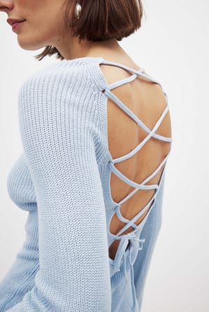 Dusty Blue Open Back Lace Detail Knitted Top