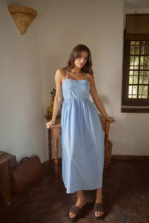 Light Blue Open Back Tie Detail Midi Dress