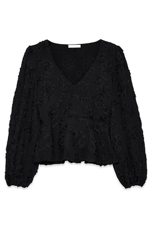 Black Omslagsbluse med vide ermer