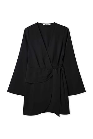 Black Overlap Wrap Mini Dress