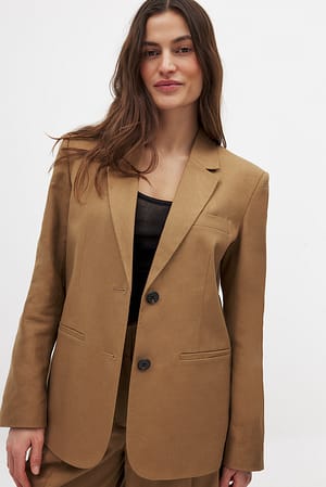 Dark Beige Regular-Blazer aus Leinenmischung