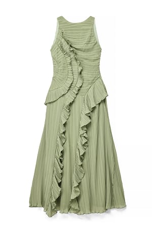 Pistachio Pleated Frill Detail Maxi Dress