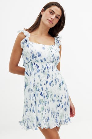 Blue Flower Print Plissiertes Minikleid