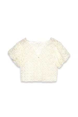 White Puff Sleeve Flower Chiffon Blouse