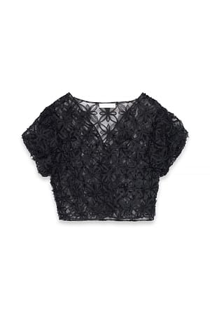 Black Puff Sleeve Flower Chiffon Blouse