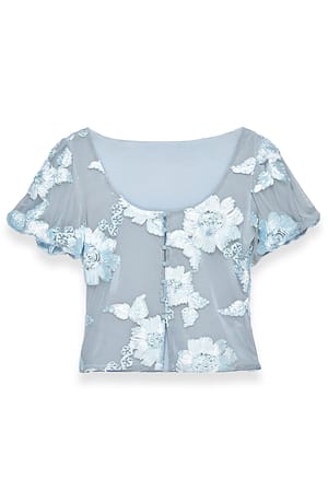Blue Oberteil mit Puffärmeln und Muster