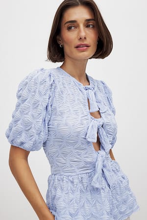 Light Blue Puff Sleeve Tie Top