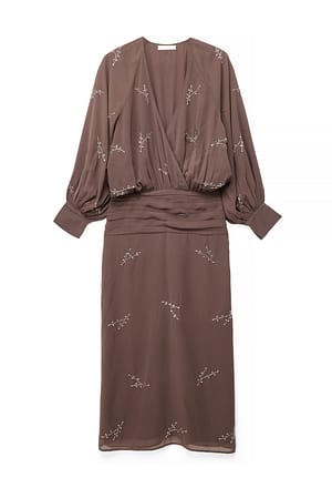 Brown Rhinestone Long Sleeve Midi Dress