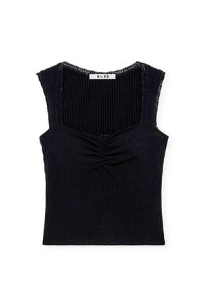 Black Rib Lace Detail Top