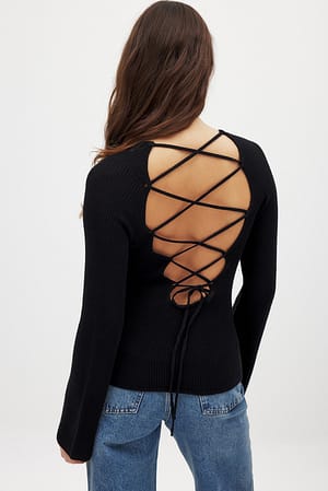Black Open Back Lace Detail Knitted Top