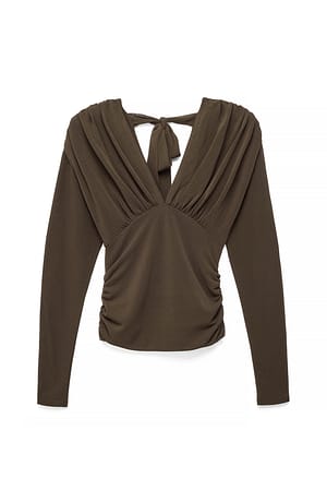 Khaki Green Rouched Long Sleeve Jersey Top