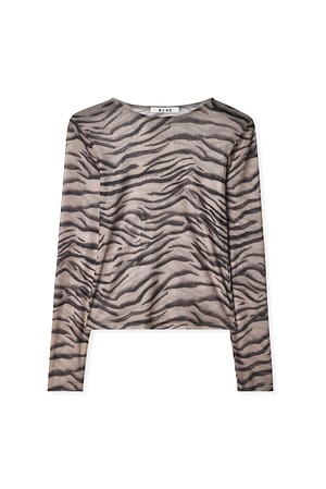 Beige Animal Print tailliertes Mesh-Top mit rundem Halsausschnitt