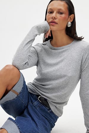 Light Grey Melange Långärmad ribbstickad topp med rund halsringning