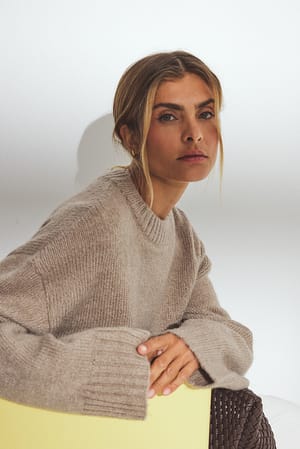 Beige Melange Stickad tröja i ullblandning med rund halsringning