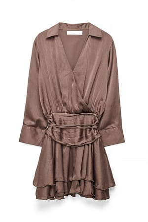 Brown Ruched Waist Mini Shirt Dress