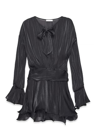 Black Ruched Waist Ruffle Mini Dress