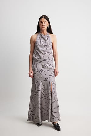 Grey Print Maxifalda de satén con detalle de costura asimétrica