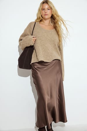 Brown Satin Midi Skirt