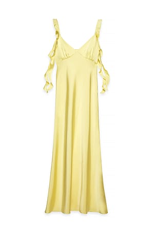 Yellow Satin Ruffle Shoulder Maxi Dress