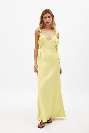 Yellow Satin Ruffle Shoulder Maxi Dress