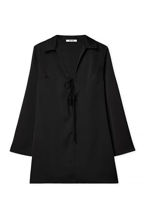 Black Satin Tie Front Mini Dress