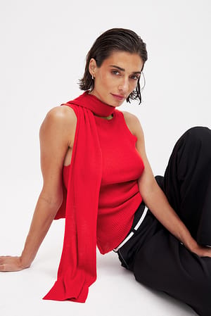 Red Knitted Scarf Detail Top