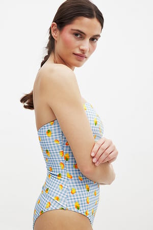 Blue/Print Maillot 1 pièce bandeau en seersucker à imprimé