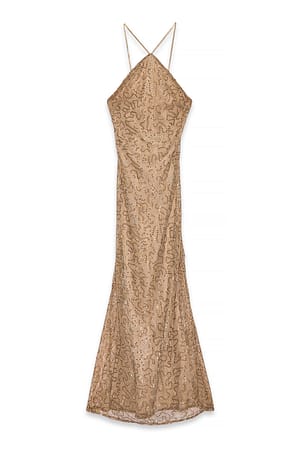 Beige Sequin Lace Halterneck Maxi Dress