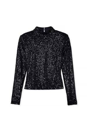 Black Paillettentop mit spitzen Schultern